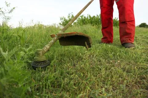 Worker cutting grass with string trimmer outdoors, closeup view Stock Photos