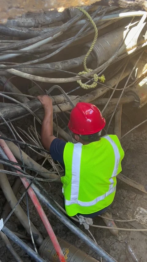 Worker cutting heavy power cable with hacksaw at industrial site Stock Footage 329188792