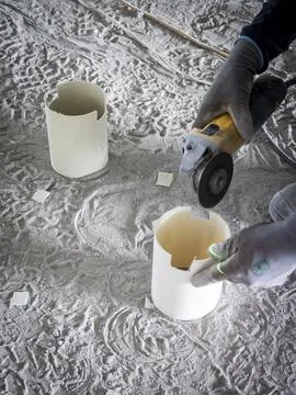 Worker cutting PVC conduit with angle grinder Stock Photos