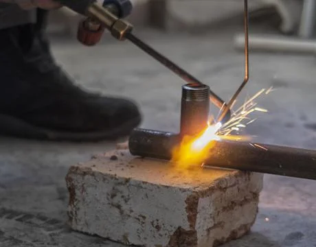Worker cutting steel pipe using metal torch Stock Photos