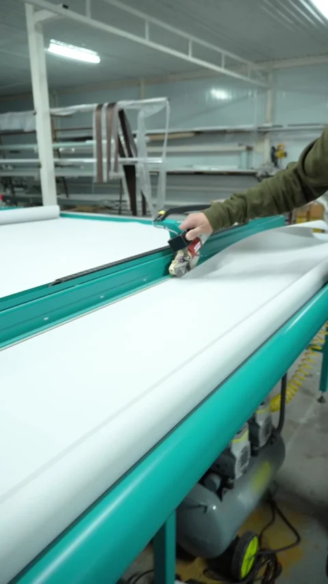 Worker Cutting White Fabric on Industrial Cutting Table Stock Footage 343462302