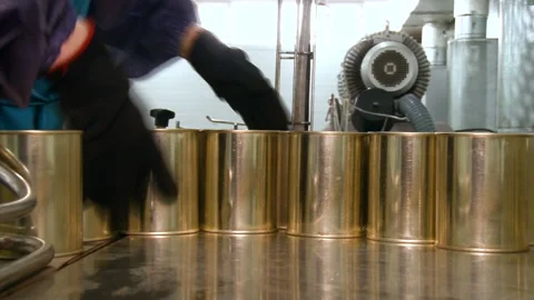 A worker at a dairy factory. Worker distributes milk cans Stock Footage 102654407