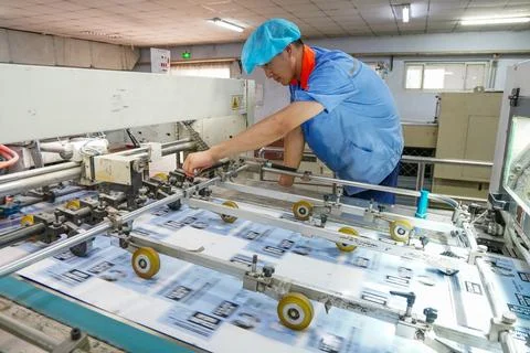 Worker Debugging Laminating Machinery in Printing Workshop Stock Photos