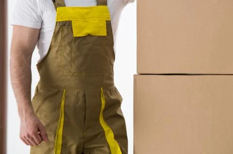 Worker with delivered boxes close-up view. Delivery and relocation service th Foto stock