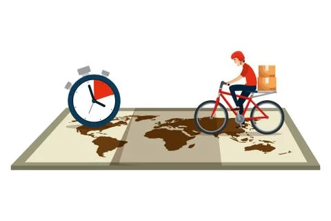 Worker of delivery service in bicycle with chronometer and map 库存插图