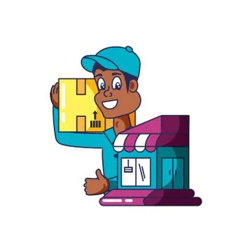 Worker delivery service with box and store facade Stock Illustration