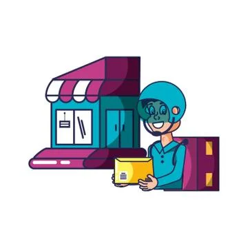 Worker delivery service with envelope and store facade Stock Illustration