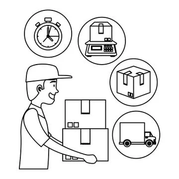 Worker of delivery service lifting boxes and set icons Stock Illustration