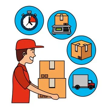 Worker of delivery service lifting boxes and set icons Stock Illustration