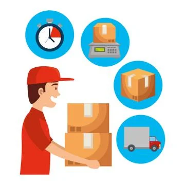 Worker of delivery service lifting boxes and set icons Stock Illustration