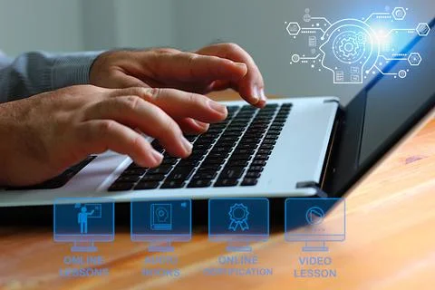 Worker develop own potential  using laptop searching e learning service Foto stock