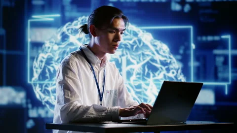 Worker develops AI neural network Video stock 250292626