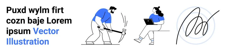 Worker Digging with Pickaxe and Sitting Woman on Laptop Stock Illustration