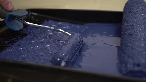 A worker dips a small roller in a tray with blue paint. The painter runs a Stock Footage 124894491