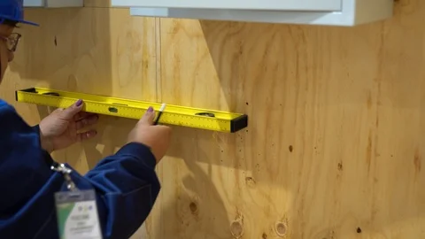 Worker draw with pencil, construction level horizontal markup on plywood sheet Video stock 126356172