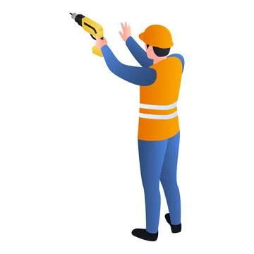 Worker with drill icon, isometric style Stock Illustration