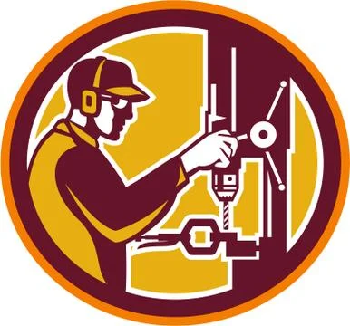Worker drilling drill press retro circle Stock Illustration
