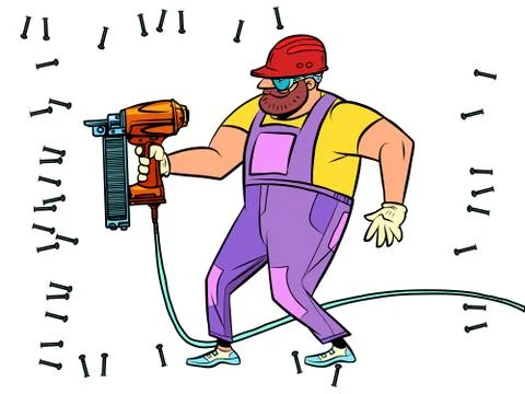 A worker drills a wall with a drill or a puncher. Renovation and construction Stock Illustration