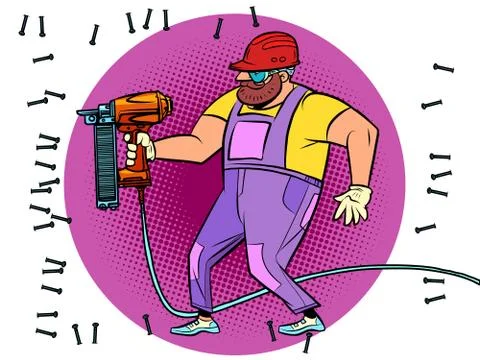A worker drills a wall with a drill or a puncher. Renovation and construction 库存插图
