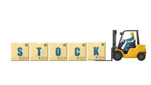 Worker driving a forklift loading boxes with the word STOCK Stock Footage 324050275