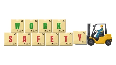 A worker driving a forklift loading boxes with the word safety work Stock Footage 324059089
