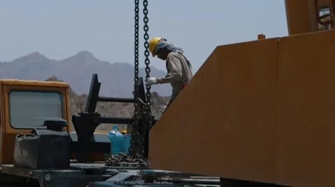 Worker During Works By Mobile Crane Stock Footage 62081743
