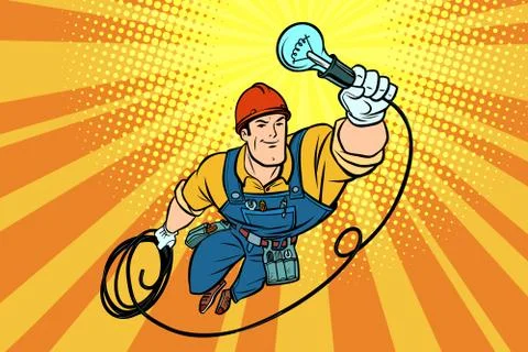 Worker electrician light bulb flying superhero Stock Illustration