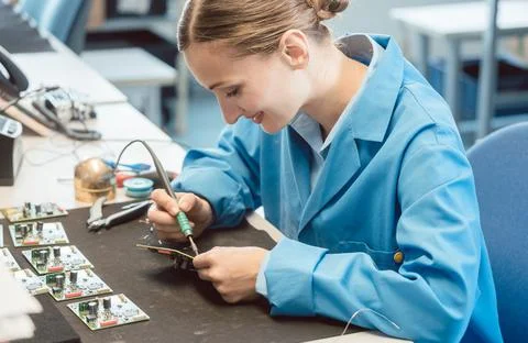 Worker in electronics manufacturing soldering a component Stock Photos