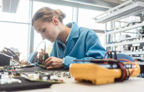 Worker in electronics manufacturing soldering a component 스톡 사진