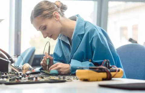 Worker in electronics manufacturing soldering a component Stock Photos