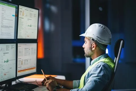 Worker engineer control process of production uses computer with modern SCADA Stock Photos
