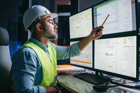Worker engineer control process of production uses computer with modern SCADA Stock Photos