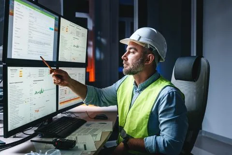 Worker engineer control process of production uses computer with modern SCADA Stock Photos