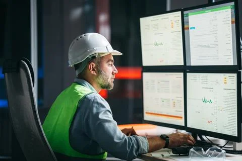 Worker engineer control process of production uses computer with modern SCADA Stock Photos
