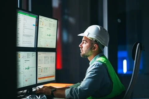 Worker engineer control process of production uses computer with modern SCADA Stock Photos