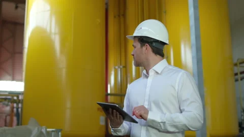 Worker engineer man working tablet computer on tubing of pump system at offshore Stock Footage 156231814