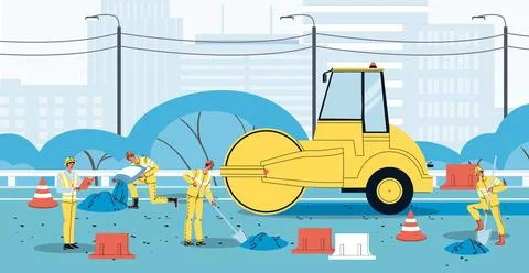 Worker engineer at road construction and repair site Illustrazione stock