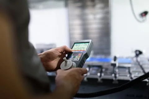 Worker entering data in CNC machine at factory floor to get the production go Stock Photos