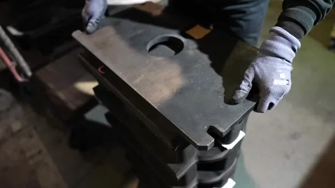 Worker examining black cast iron mold die closeup in traditional foundry Видео 344247695
