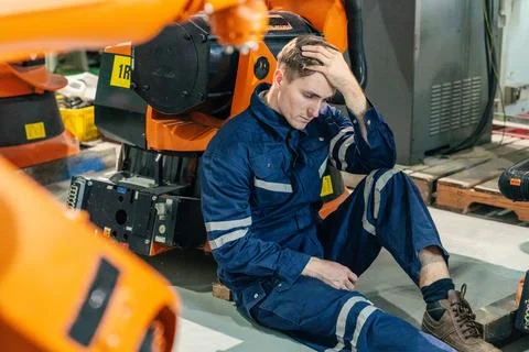 Worker experiencing stress while sitting near robotic machinery in a manufa.. Stock Photos