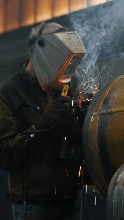 A worker at a factory in a protective mask welds a metal structure. Stock Footage 306665094