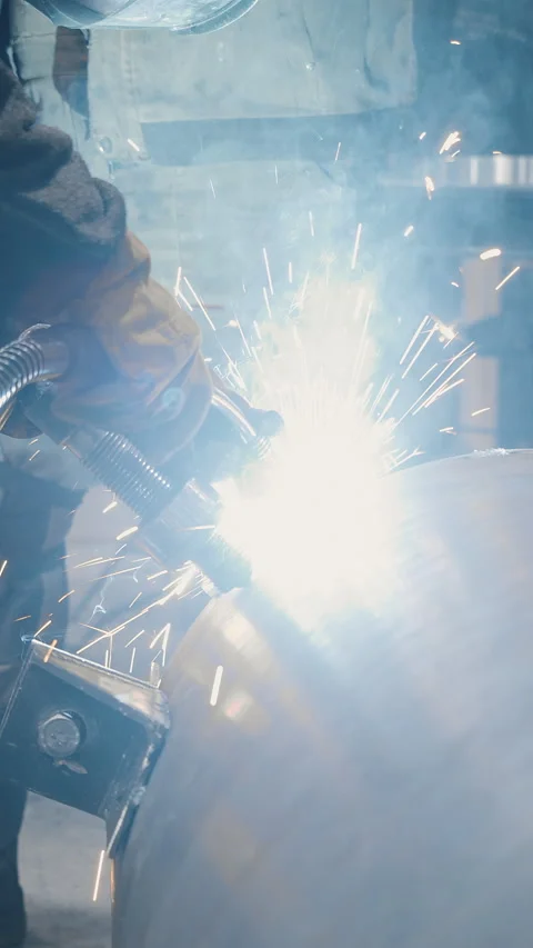A worker at a factory welds a metal structure. Stock Footage 314343282