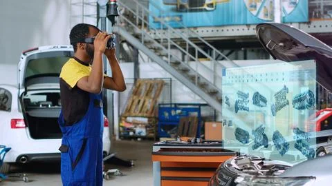 Worker fixes car with software in VR Stock Photos
