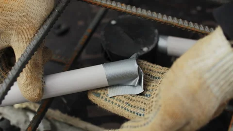 Worker fixing plastic pipe in rebar frame before concrete pour Stock Footage 320120828
