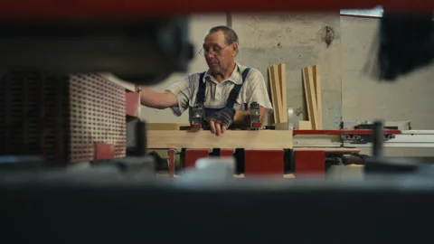 Worker Fixing Position Of Wooden Plank Then Sends It To Processing Saw Machine Stock Footage 172235136