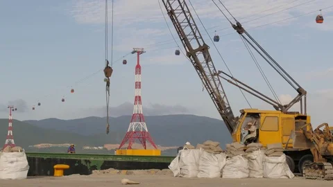 Worker fixing rope for unloading,Nha Trang,Vietnam Stock Footage