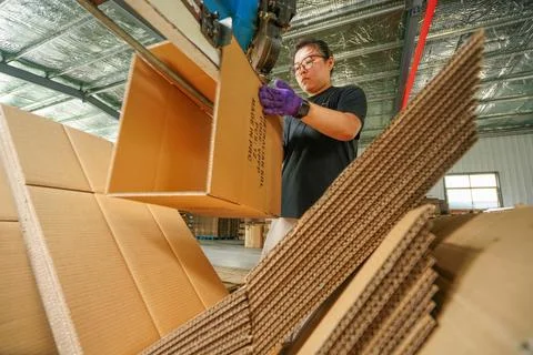 Worker Folding and Processing Corrugated Cartons on Equipment in Workshop Stock Photos