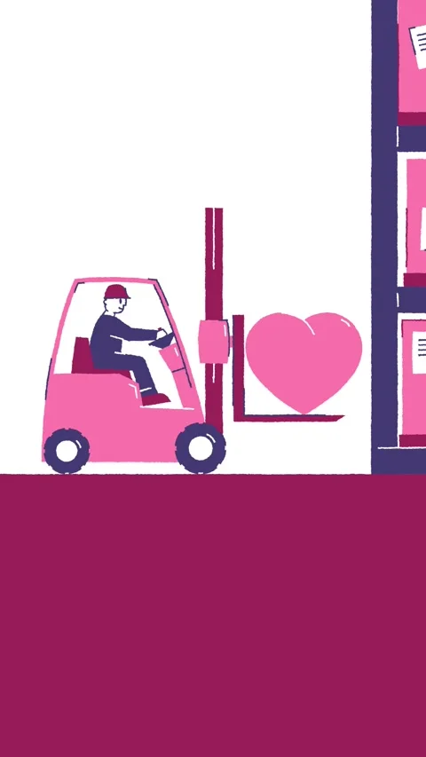 Worker on forklift drives to box rack in storage and takes pink heart Stock Footage 327859307