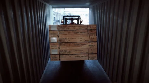 Worker on a forklift load boxes with plywood into a covered truck Stock Footage 92199495