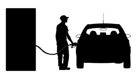 Worker on gas station fill the machine with fuel vector silhouette Stock Illustration